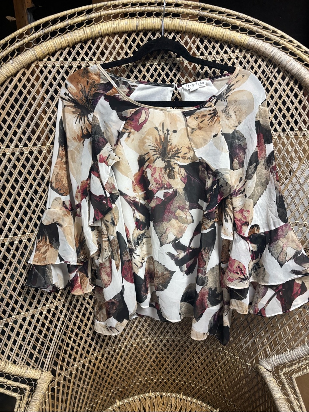 Love Riche Floral Ruffle Sleeve Blouse - White, Brown, Maroon